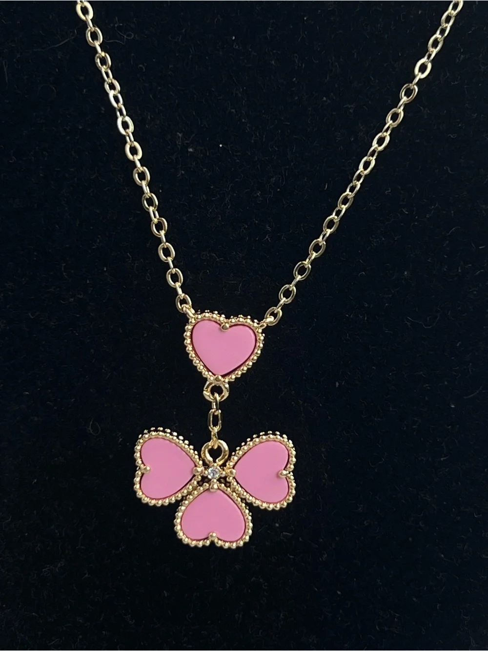 🩷-Gold Necklace with Pink Clover heart dangle Pendant